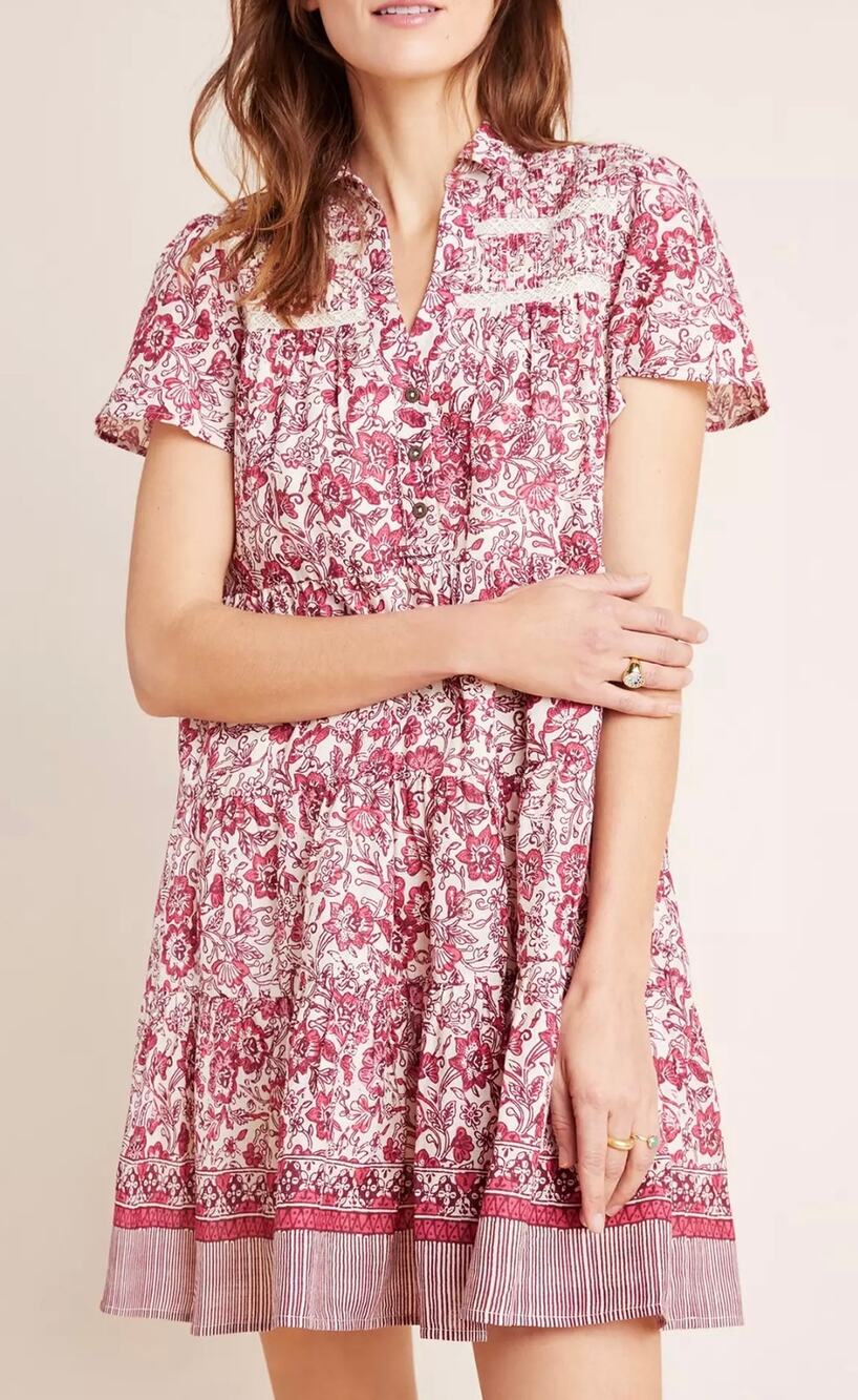 ANTHROPOLOGIE Georgina Tiered Shirtdress Red Cream Floral Crochet Size XL Petite